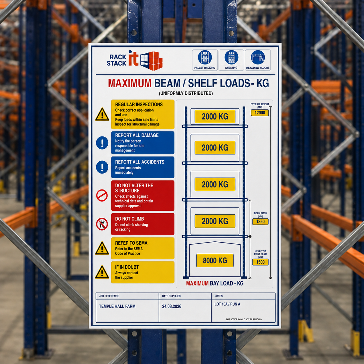 Custom printed load notice board fitted to pallet racking