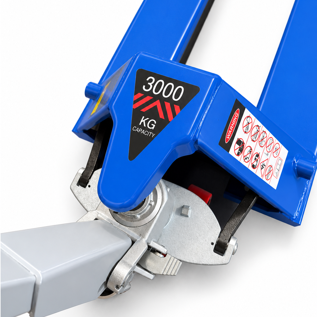 Close-up of the blue Premium pallet truck head showing the 3000 KG CAPACITY decal