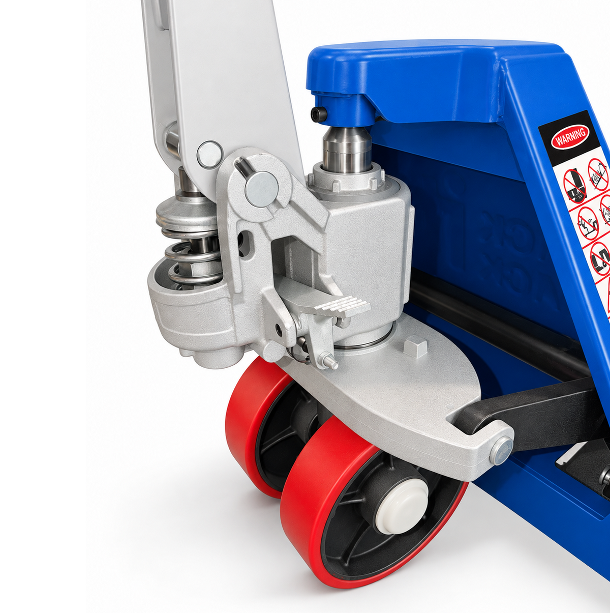 Hydraulic pump unit of the blue Premium pallet truck with its red polyurethane steer wheels