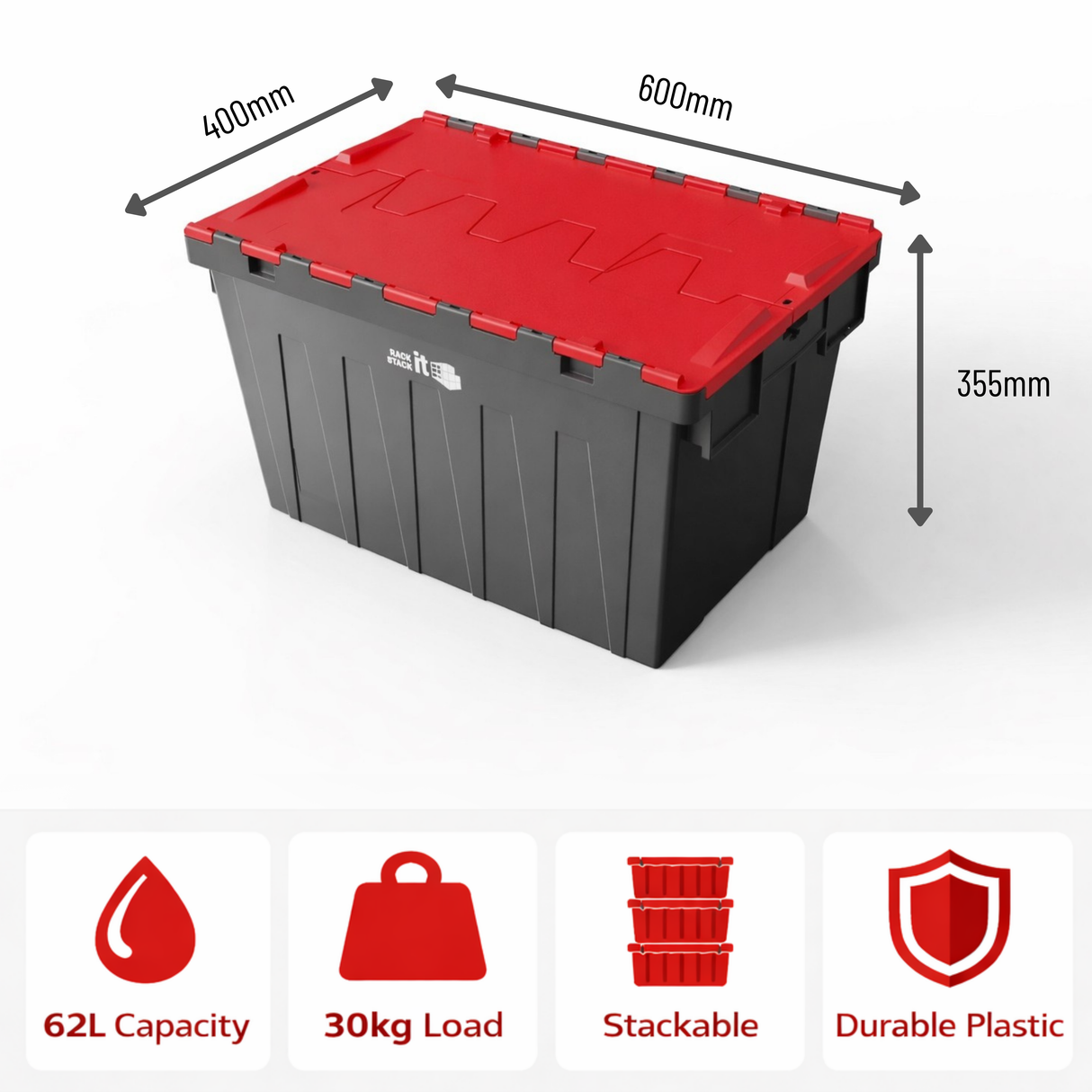 Large Stackable Storage Tote Boxes | 62 Litre / 30kg Capacity | Choice of Coloured Lids