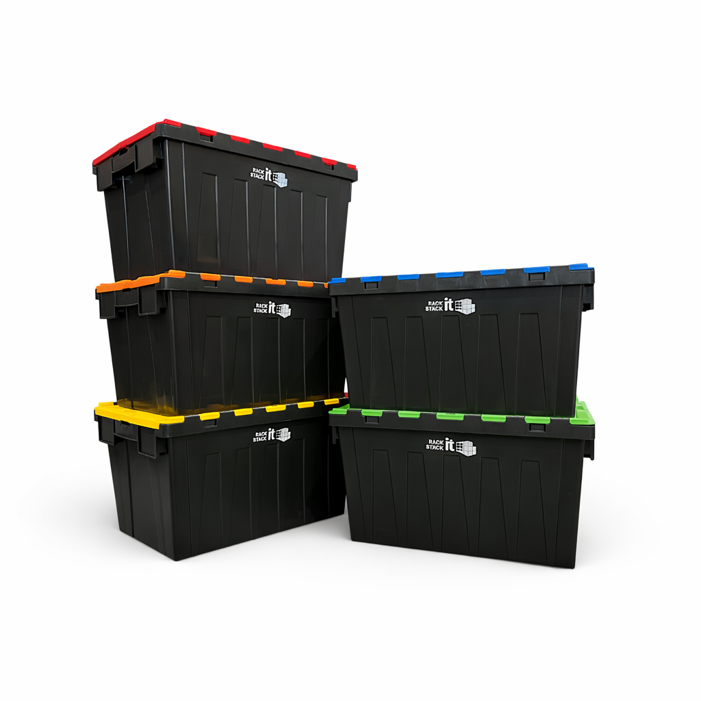 Large Stackable Storage Tote Boxes | 62 Litre / 30kg Capacity | Multi Coloured Lid Bundle