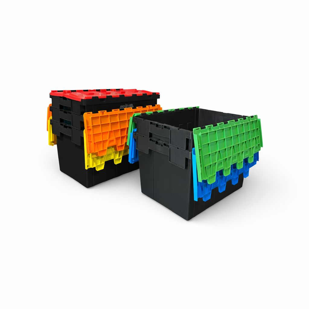 Large Stackable Storage Tote Boxes | 62 Litre / 30kg Capacity | Multi Coloured Lid Bundle