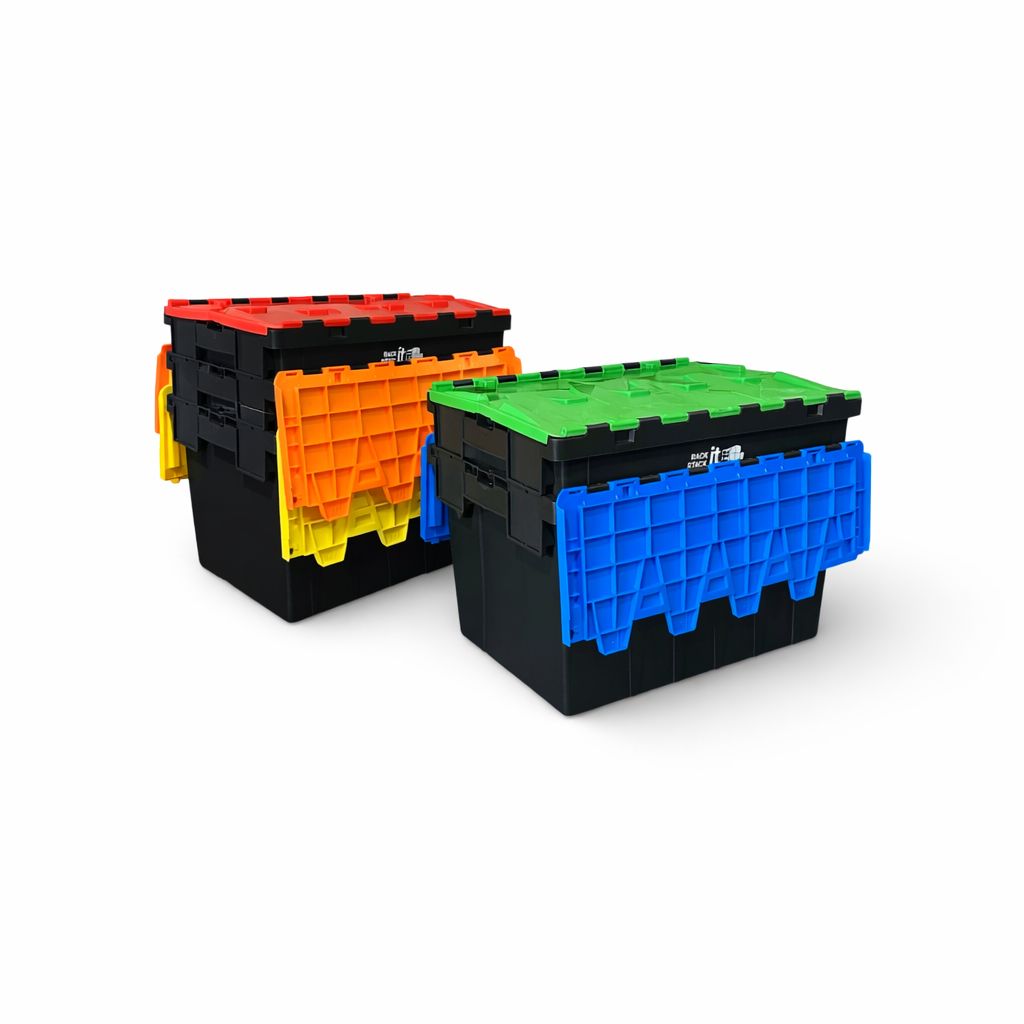 Large Stackable Storage Tote Boxes | 62 Litre / 30kg Capacity | Multi Coloured Lid Bundle