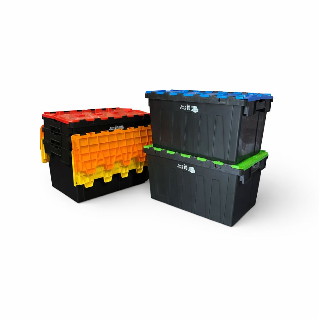 Large Stackable Storage Tote Boxes | 62 Litre / 30kg Capacity | Multi Coloured Lid Bundle