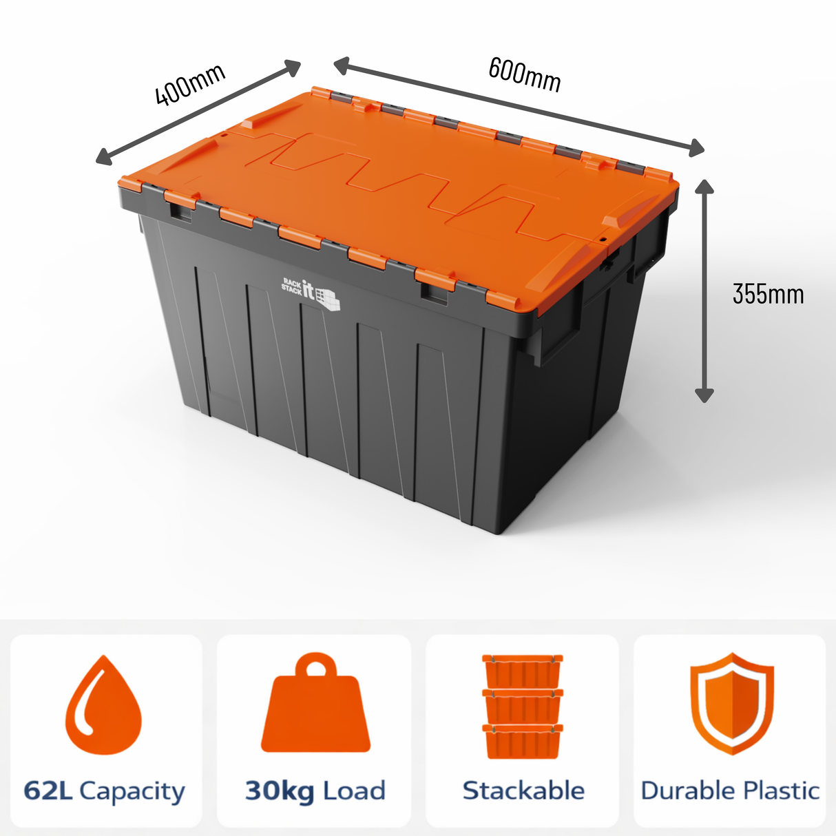 Large Stackable Storage Tote Boxes | 62 Litre / 30kg Capacity | Multi Coloured Lid Bundle