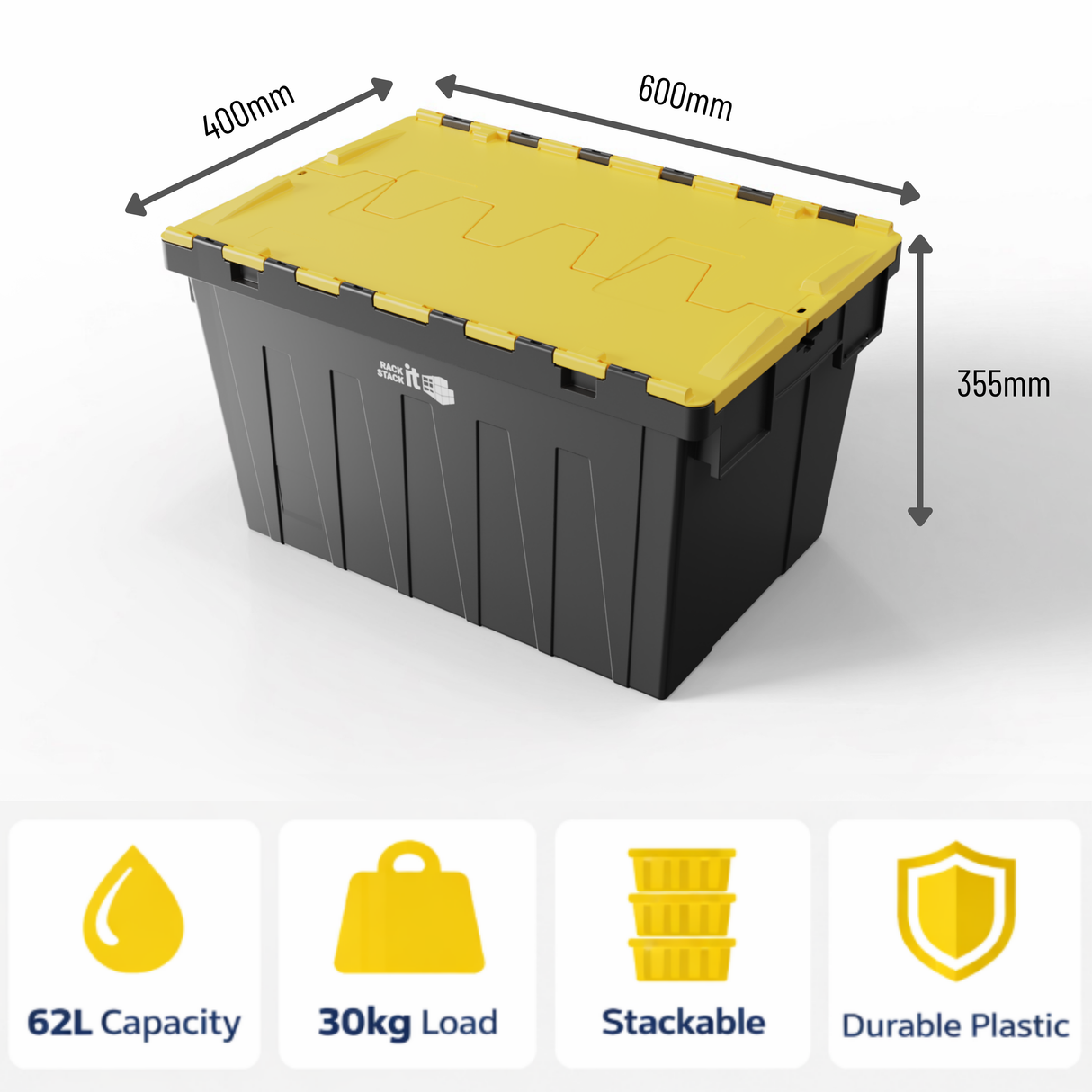 Large Stackable Storage Tote Boxes | 62 Litre / 30kg Capacity | Choice of Coloured Lids