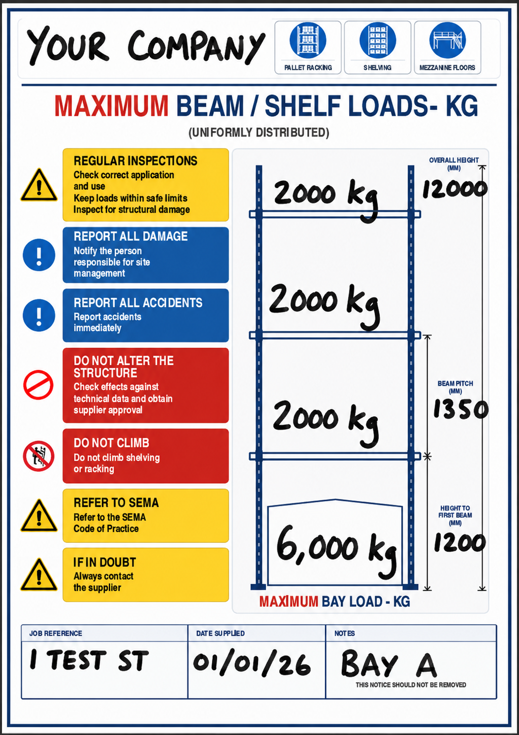 Blank load notice board example filled in by hand
