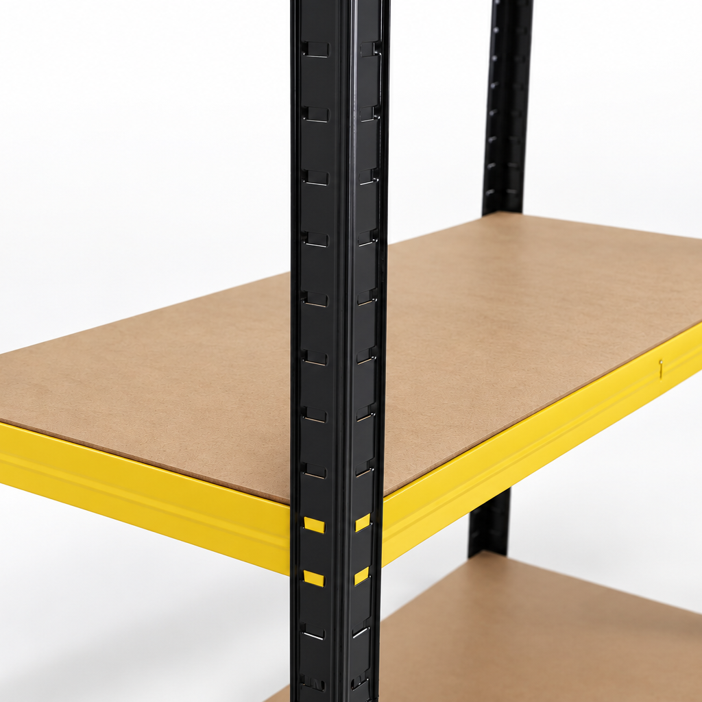 Close-up of a black upright and yellow beam with a 3.3mm MDF shelf board on RISI175BY shelving