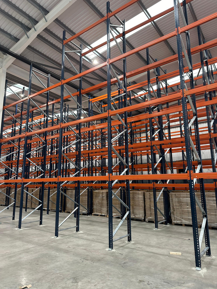 Tall new heavy-duty pallet racking installed in a Leicestershire warehouse