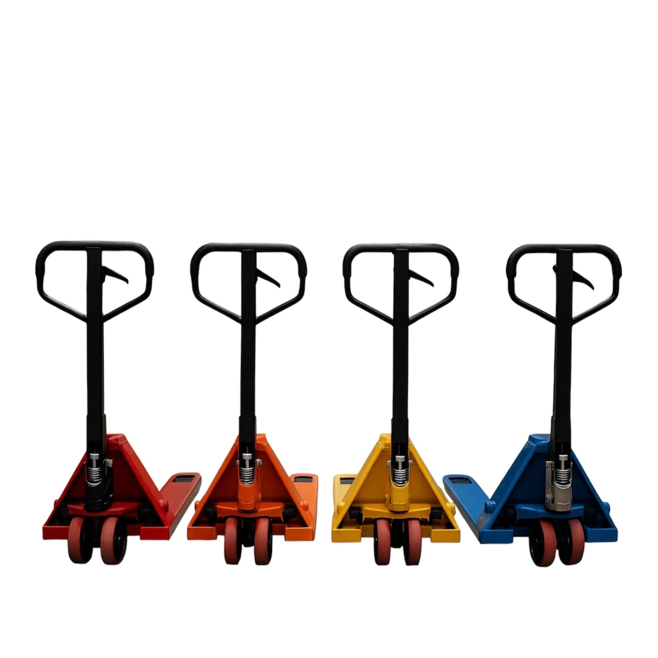 Three Rack It Stack It 2000 pallet trucks lined up in a warehouse 