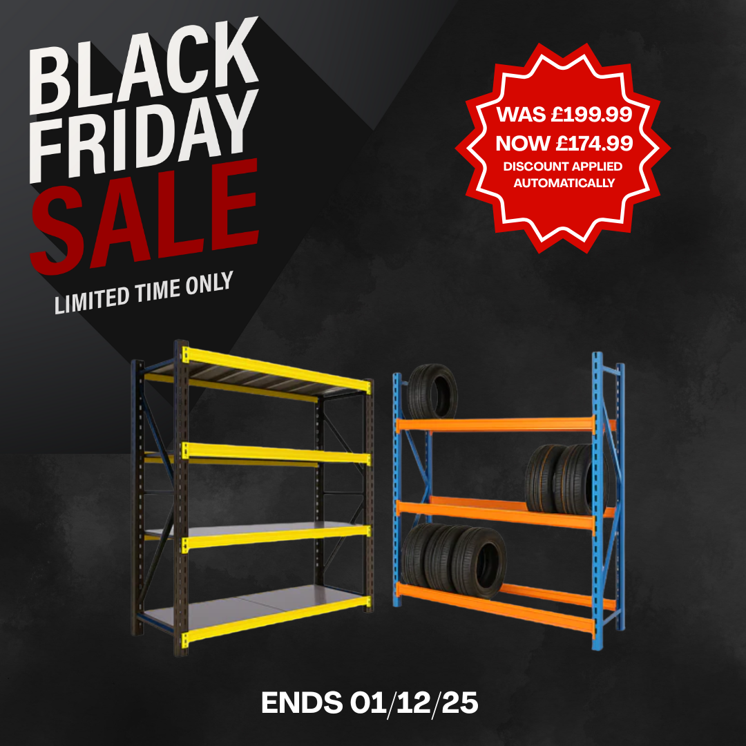 Some heavy duty shelving, yellow and black four tier shelving to the left and blue and orange 3 tier shelving to the right shown storing car tyres