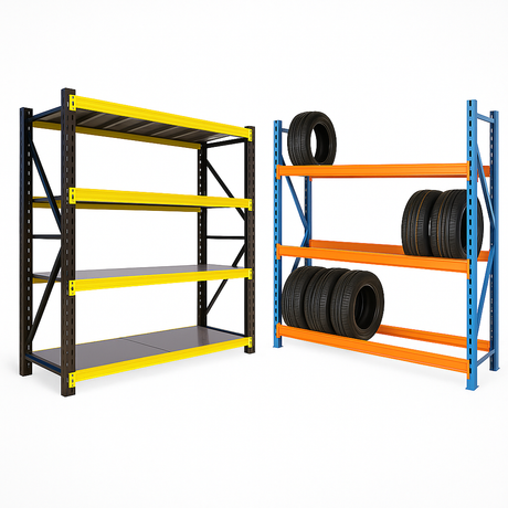 Some heavy duty shelving, yellow and black four tier shelving to the left and blue and orange 3 tier shelving to the right shown storing car tyres