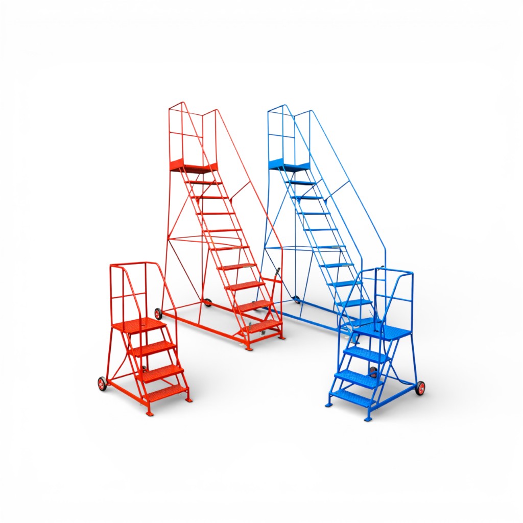 Warehouse steps in a warehouse, orange ones to the left and blue to the right