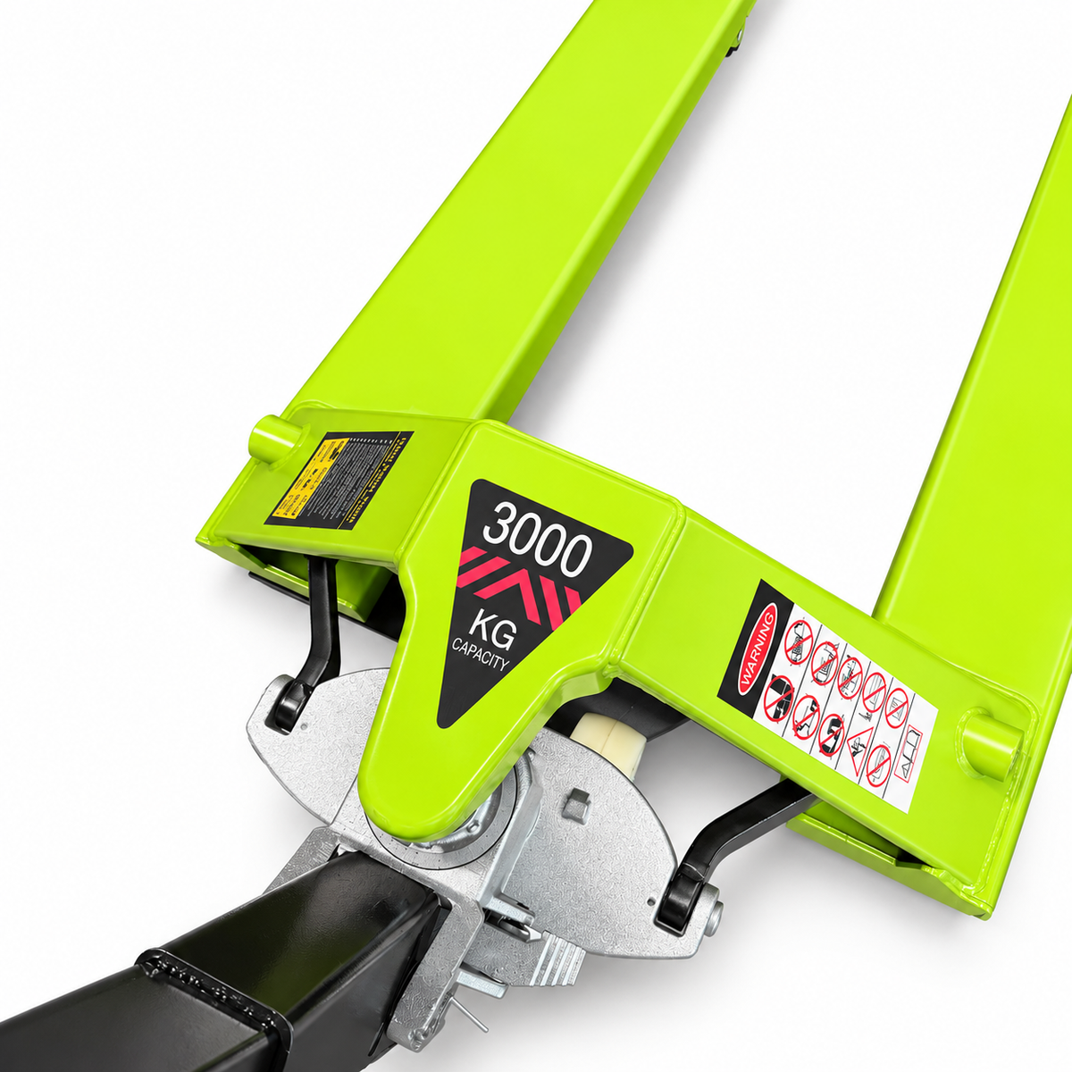 Close-up of the lime green wide fork pallet truck head showing the 3000 KG CAPACITY decal