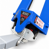 Close-up of the blue Premium pallet truck head showing the 3000 KG CAPACITY decal