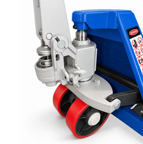 Hydraulic pump unit of the blue Premium pallet truck with its red polyurethane steer wheels