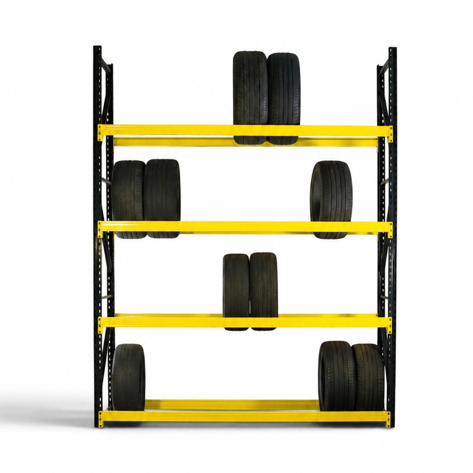 Yellow metal tire rack with multiple tires on a white background