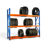 Tire storage rack with tires on a white background