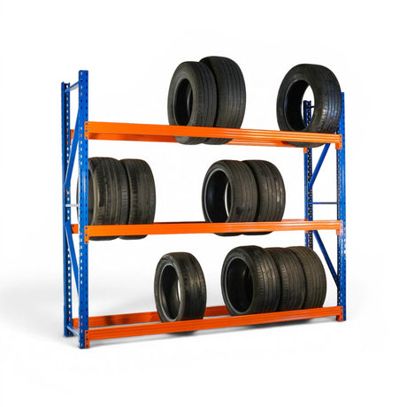 Tire storage rack with tires on a white background