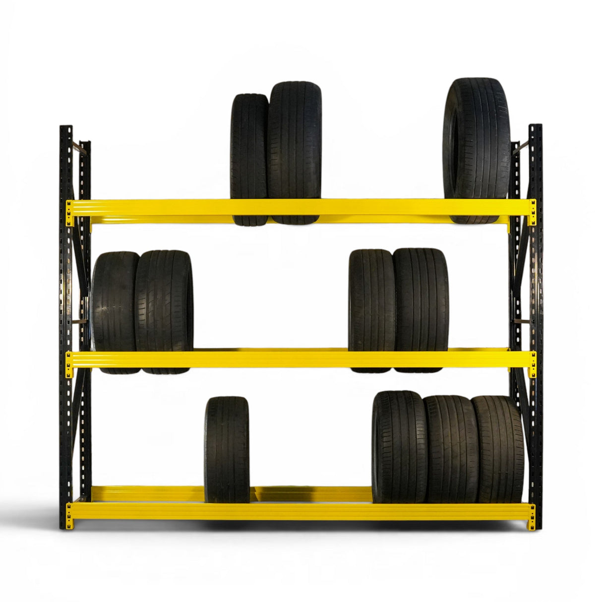 Heavy Duty Tyre Racking – Black & Yellow | 550mm Deep x 2000mm High | 1 to 4+ Bays Available | Industrial Shelving Unit