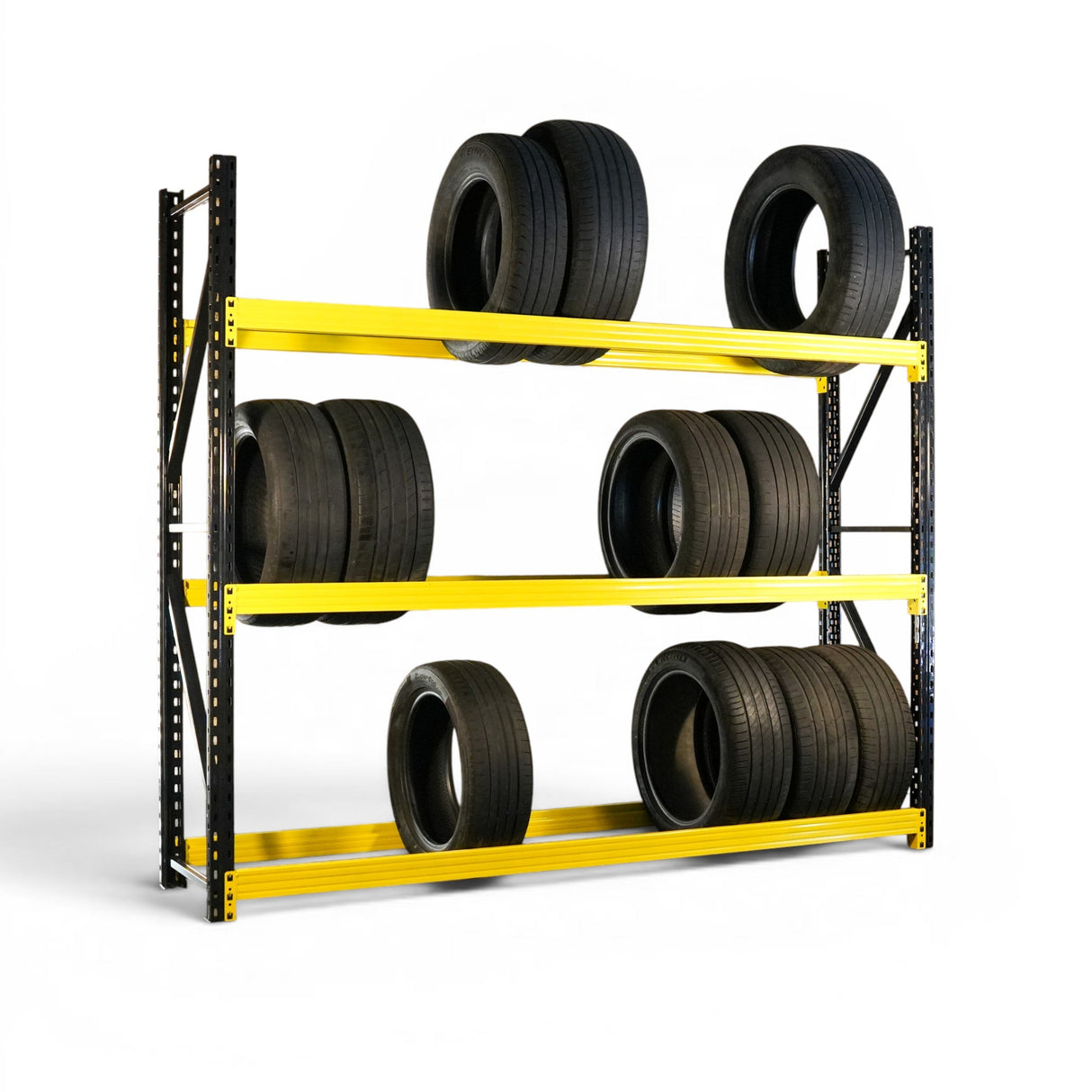 Heavy Duty Tyre Racking – Black & Yellow | 550mm Deep x 2000mm High | 1 to 4+ Bays Available | Industrial Shelving Unit