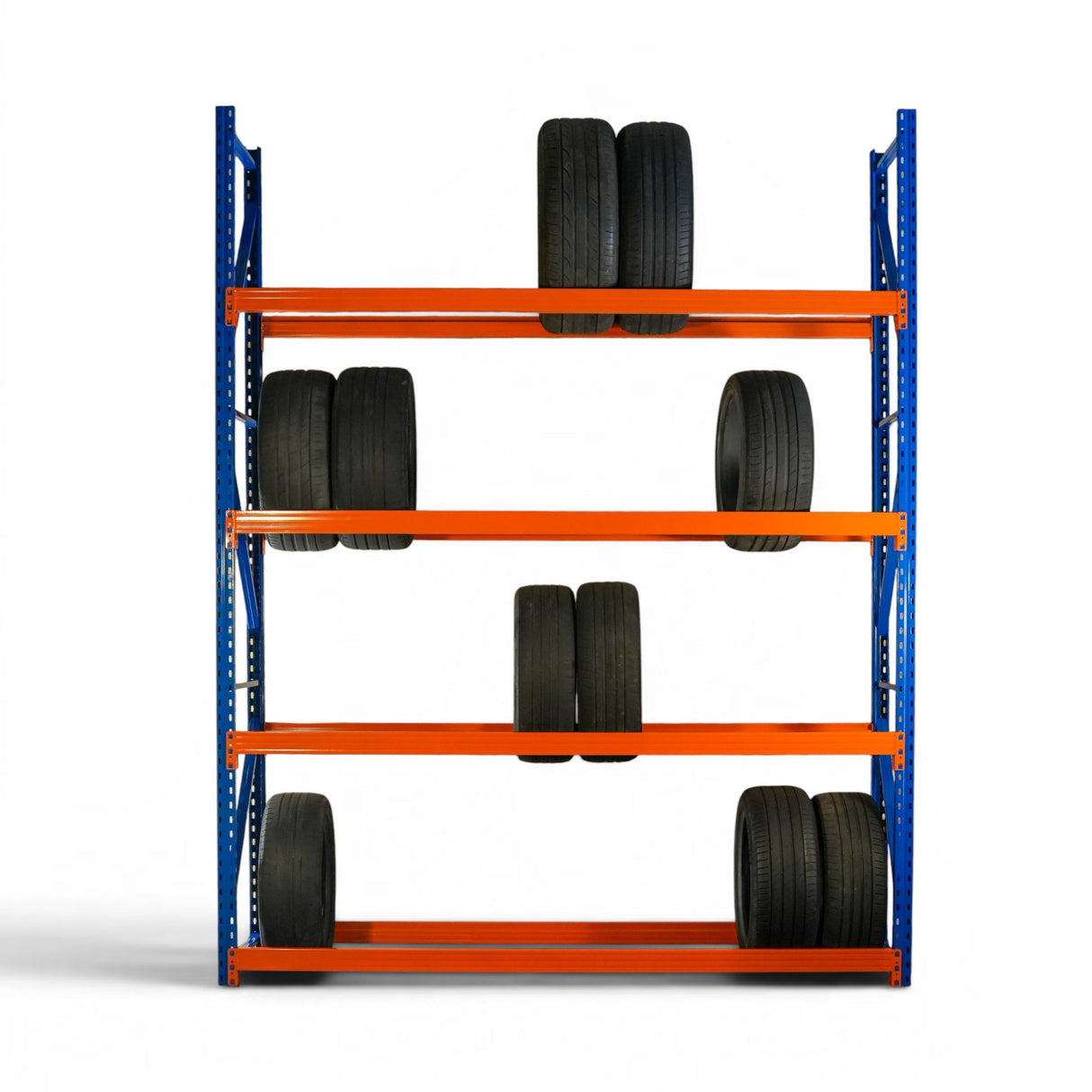 Orange metal shelving unit with tires on a white background