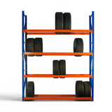 Orange metal shelving unit with tires on a white background