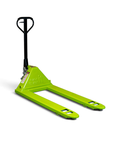 Wide fork 3000kg pallet truck in lime green with 685 x 1200mm forks