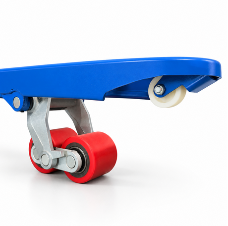 Entry guide roller in the tip of the blue fork, with the red polyurethane tandem rollers behind it