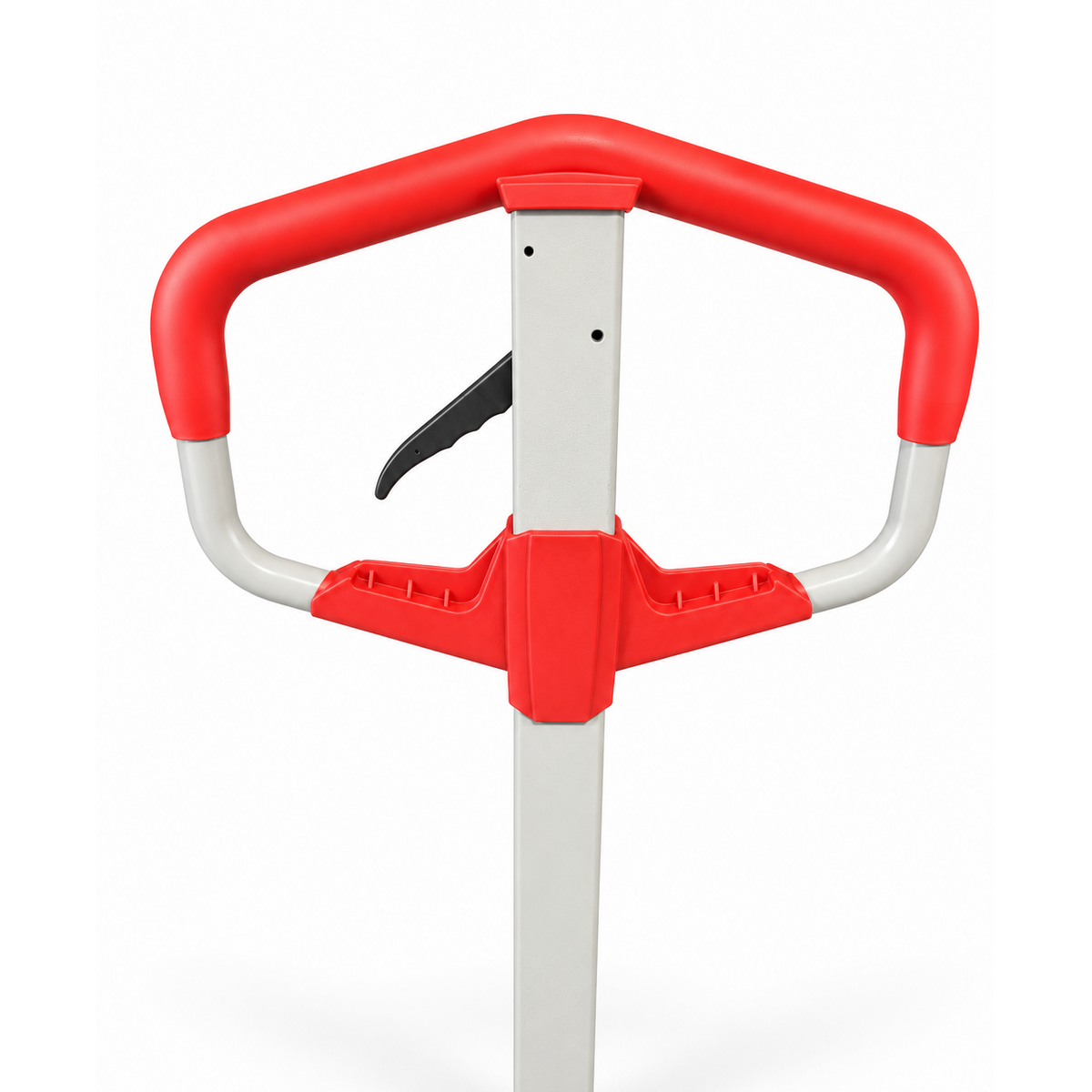 Red steering handle of the Premium pallet truck with moulded grips and the control lever