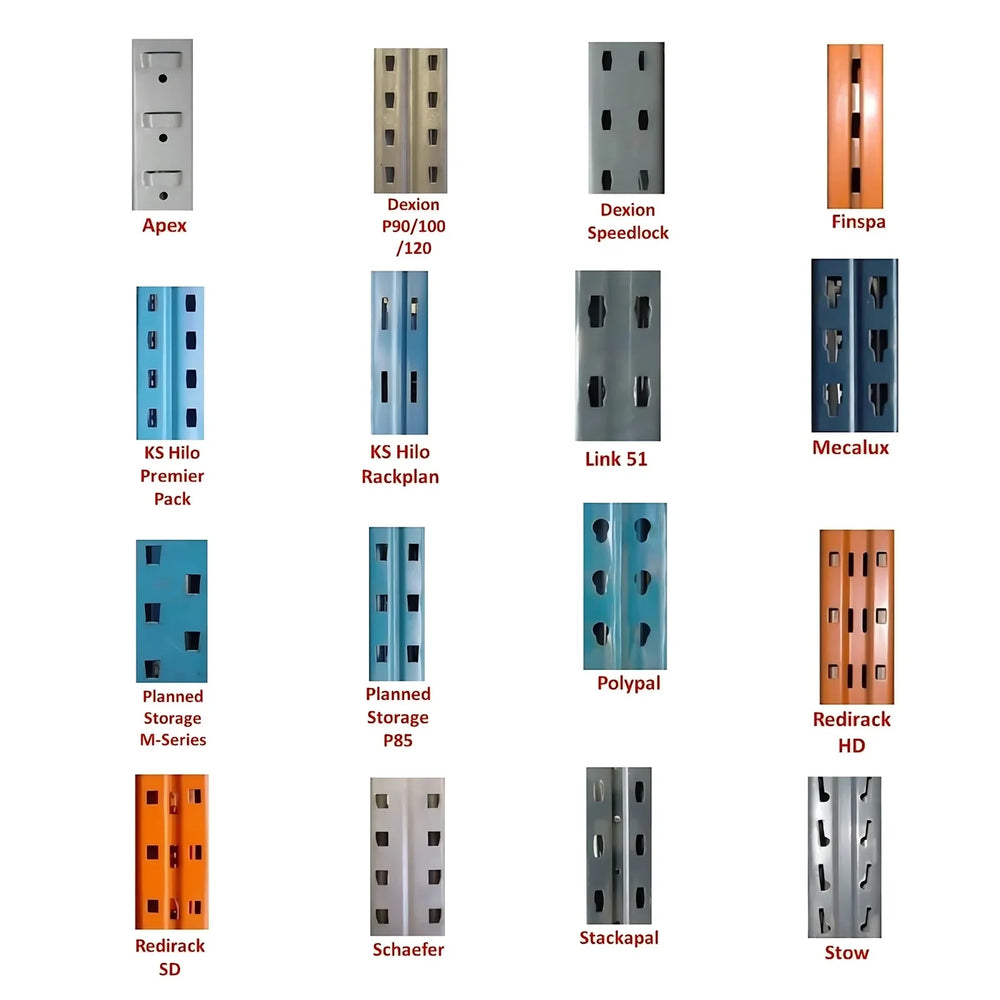 Chart of pallet racking upright profiles by manufacturer including Apex, Dexion, Link 51, Mecalux, Redirack, Schaefer and Stow