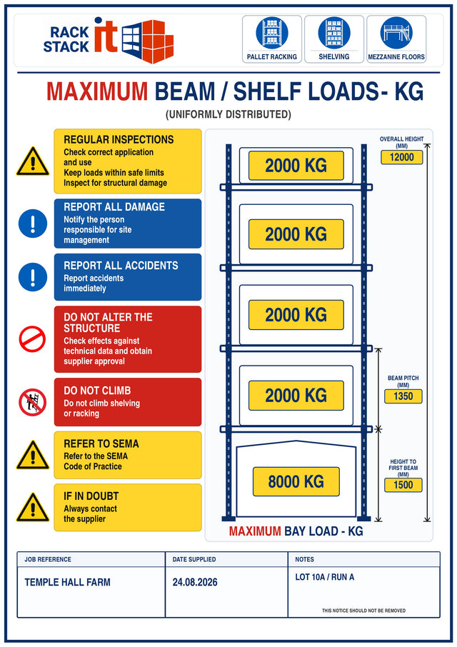Custom printed pallet racking load notice board, A4 foam board