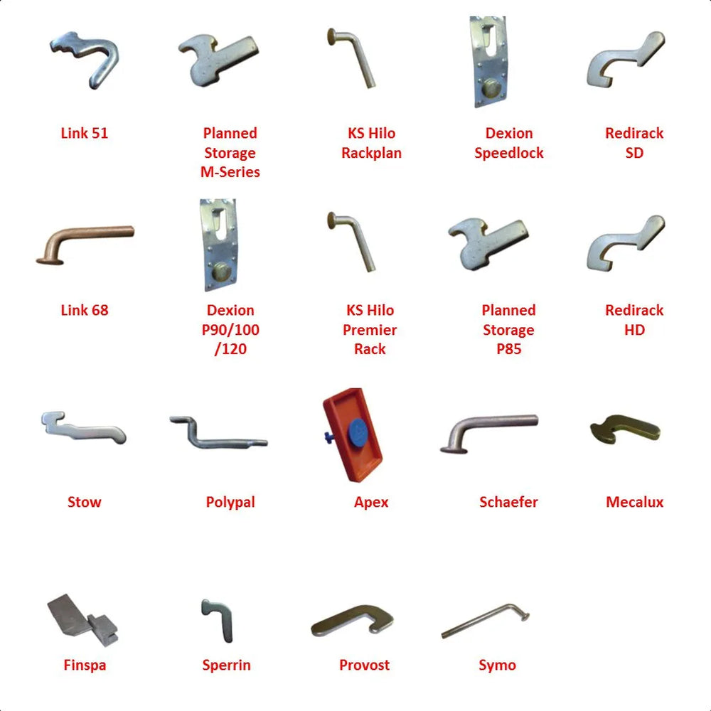 Chart of pallet racking beam locking pins by manufacturer including Link 51, Dexion, Redirack, Apex, Mecalux and Schaefer