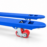 Blue fork tips of the Premium pallet truck fitted with paired red polyurethane tandem load rollers