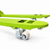 Lime green fork tips of the wide fork pallet truck fitted with paired white nylon tandem load rollers