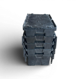 Stack of black plastic crates on a white background