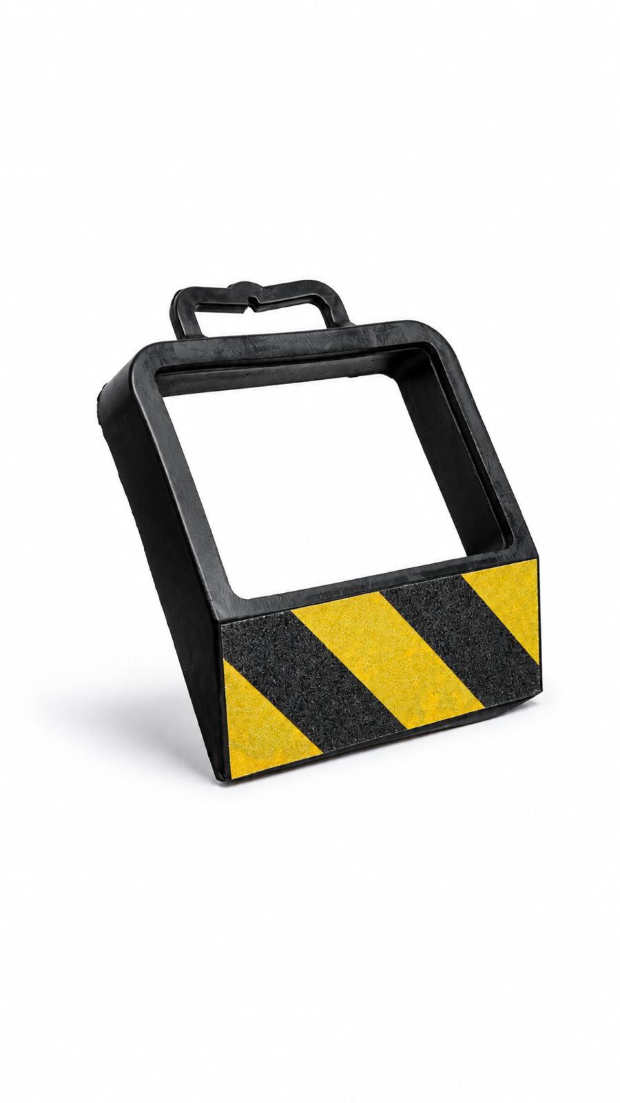 Heavy duty wheel chock stop with yellow and black hazard stripe and built-in carry handle