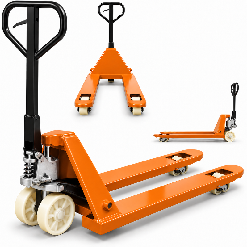3000kg orange manual pallet truck with 550 x 1150mm forks and nylon wheels