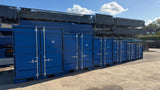 Blue steel storage containers showing the larger sizes in the range.