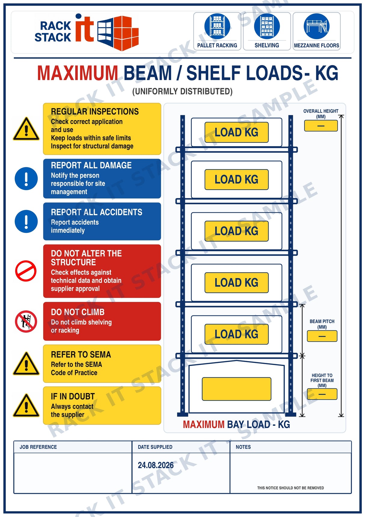 Custom printed load notice board template layout