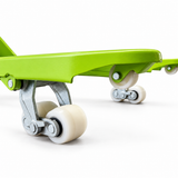 Entry guide roller in the tip of the lime green fork, with the tandem load rollers behind it