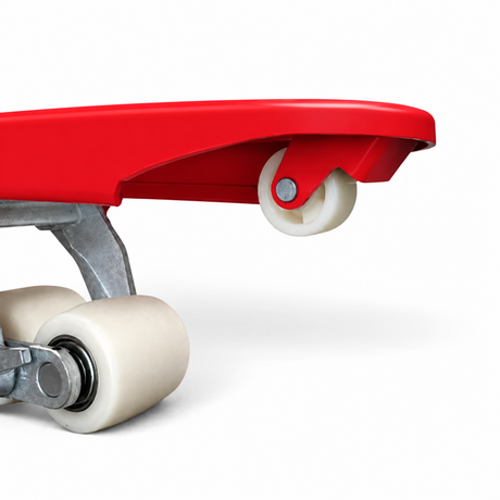 Entry guide roller in the tip of the red fork, with the tandem load rollers behind it