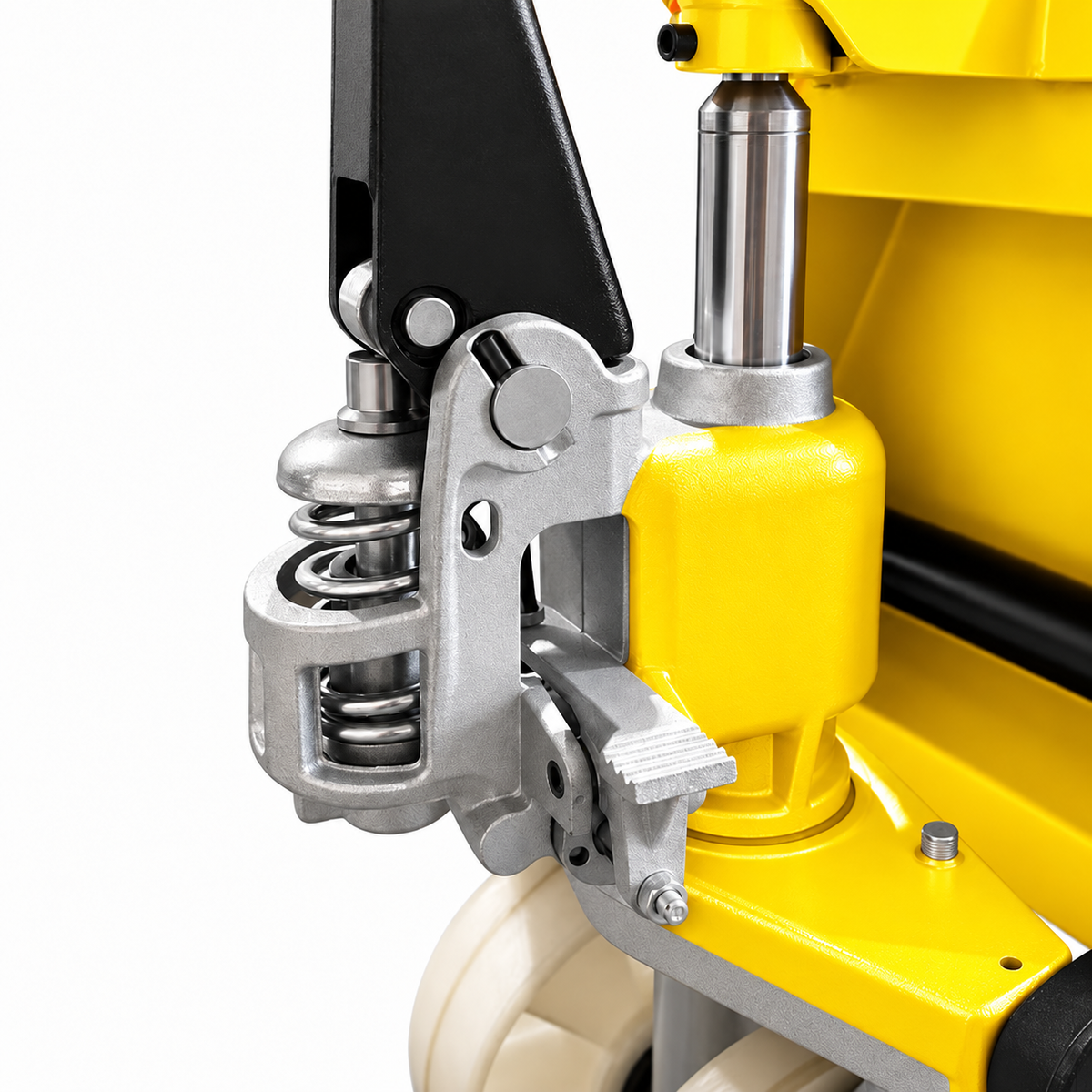 Hydraulic pump unit of the yellow 2000kg pallet truck with the foot pedal and steer wheel