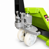 Hydraulic pump unit of the lime green wide fork pallet truck with an embossed Rack It Stack It cover and white nylon steer wheels