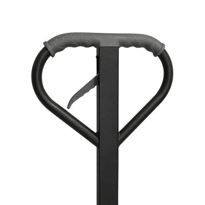 Black steel pallet truck steering handle with moulded grey grips and the control lever