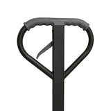 Black steel pallet truck steering handle with moulded grey grips and the control lever