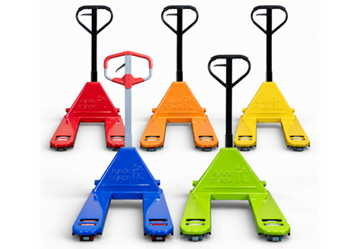 Six Rack It Stack It pallet trucks in red, orange, yellow, blue and green on a white background