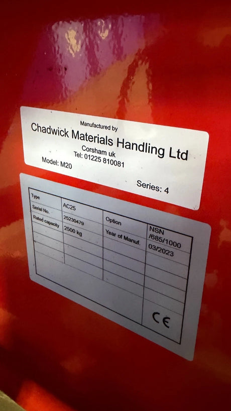 Chadwick Materials Handling pallet truck identification plate