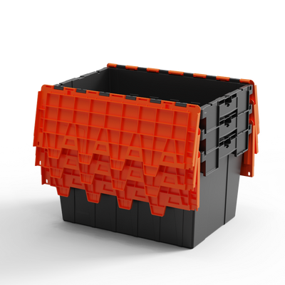 Black and red storage bin on a white background