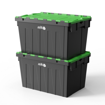 Two storage boxes with green lids on a white background